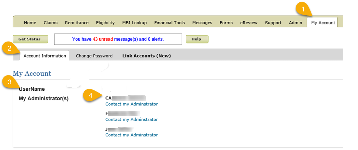 View of My Accounts tabl showing administrator user name